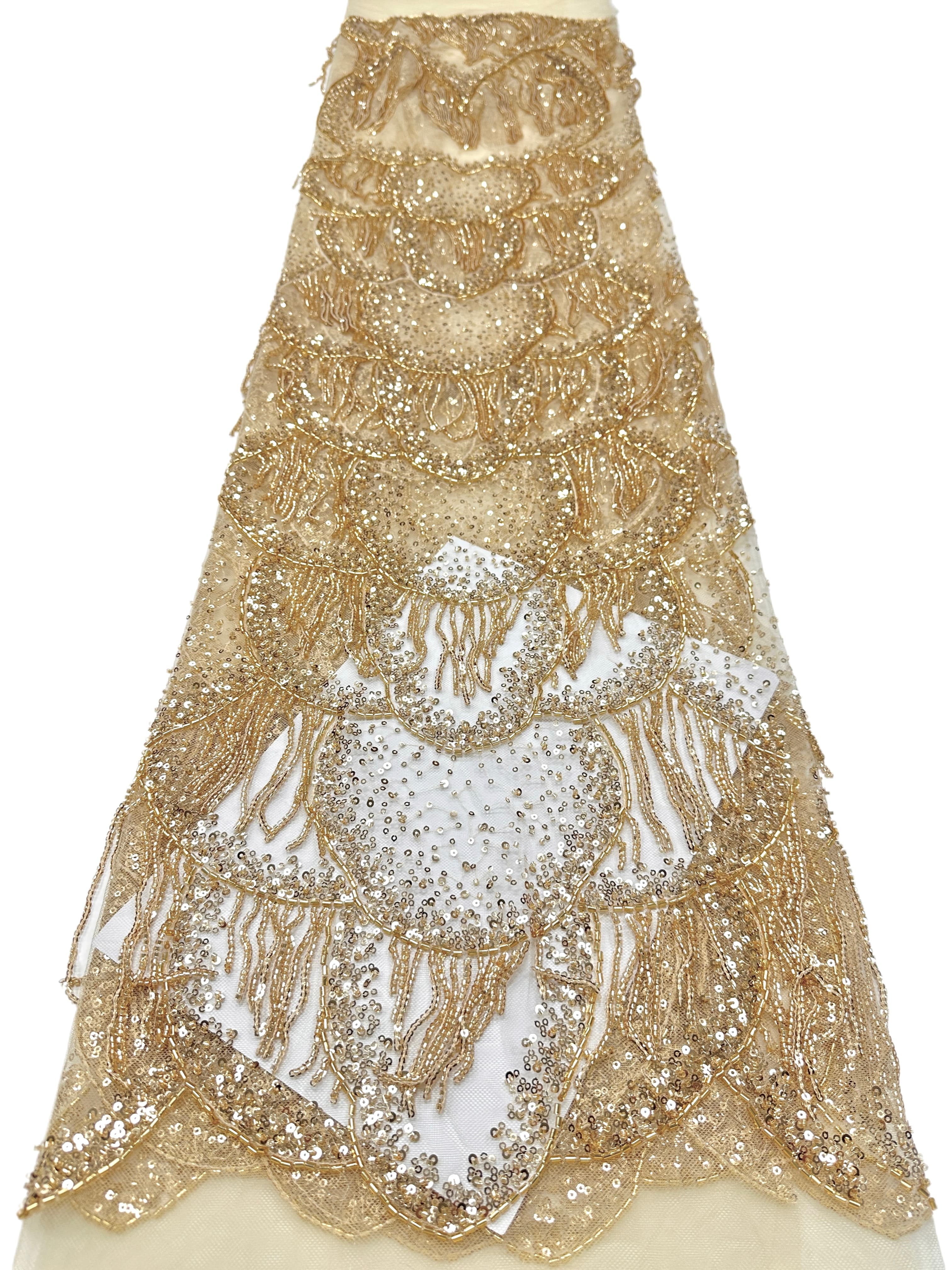 BLS6662#	Heavy Beaded Sequined Fringe Border Lace Fabric Geometric Tulle Lace Fabric for Wedding Evening Gowns