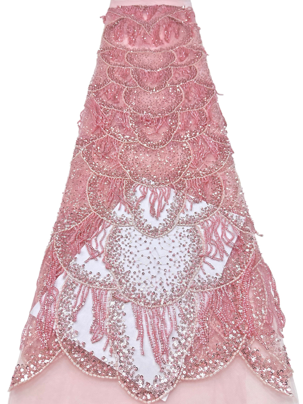 BLS6662#	Heavy Beaded Sequined Fringe Border Lace Fabric Geometric Tulle Lace Fabric for Wedding Evening Gowns