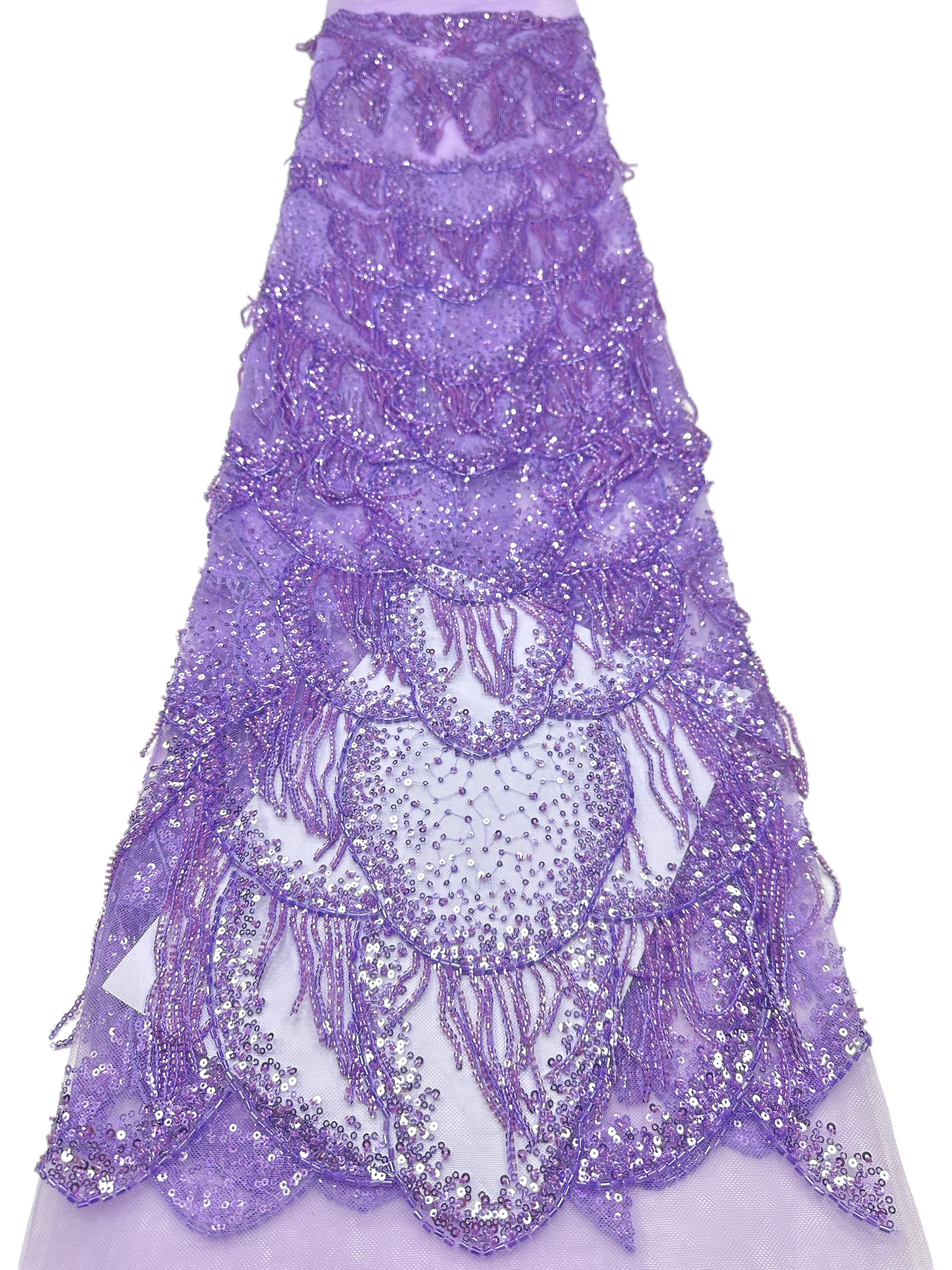 BLS6662#	Heavy Beaded Sequined Fringe Border Lace Fabric Geometric Tulle Lace Fabric for Wedding Evening Gowns