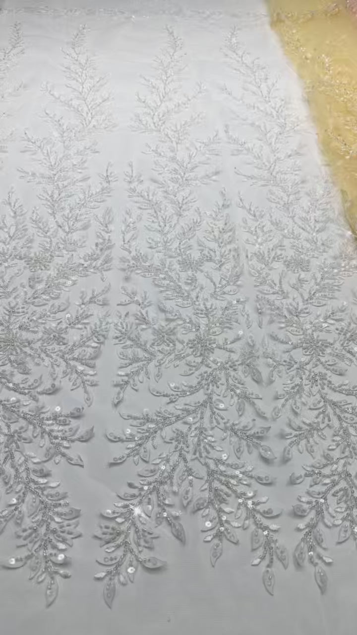 BLS6660#	Pearl Beaded Leaf Vine Tulle Lace Fabric Sequined Embroidered Lace Fabric for Wedding Dresses Bridal Gowns