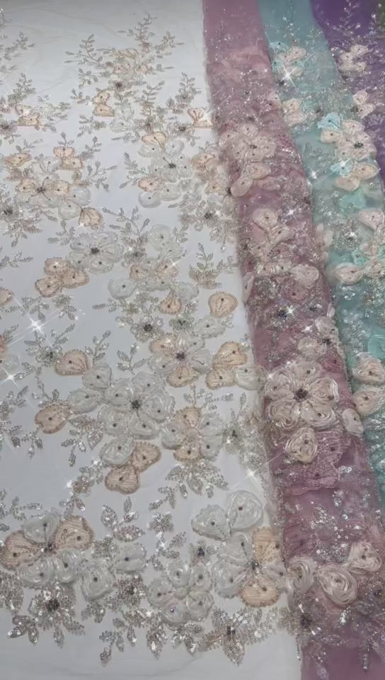 BLS6574#	Beaded Embroidered Border Lace Fabric Botanical Leaf Vine Tulle Lace Fabric for Wedding Dresses Bridal Gowns