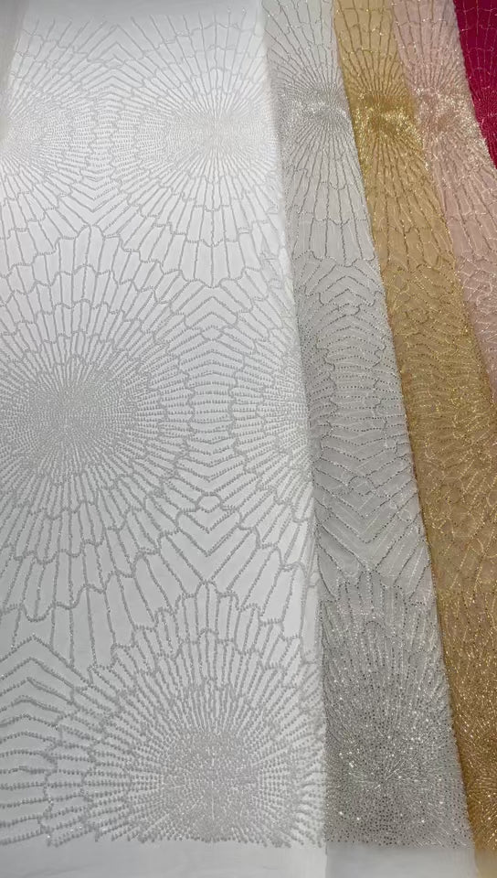 BLS6567#	Geometric Beaded Lace Fabric Allover Embroidered Lace Material for Wedding Dresses Evening Gowns