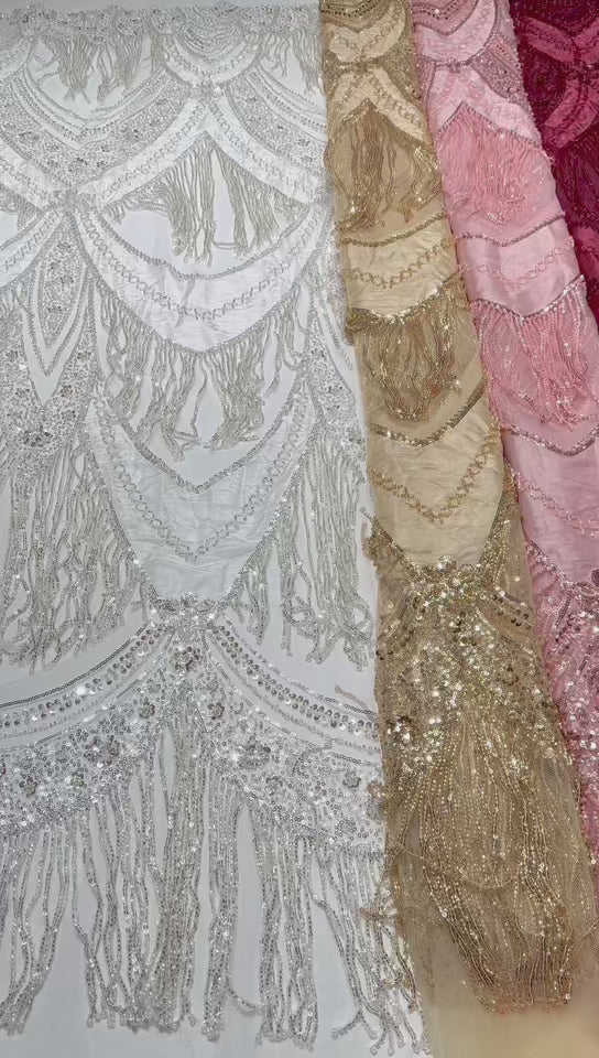 BLS6613#	Hand Beaded Fringe Tassel Lace Fabric  Geometric Sequin Embroidered Cut Panel Stretch Base  Wedding Party Gown Dress