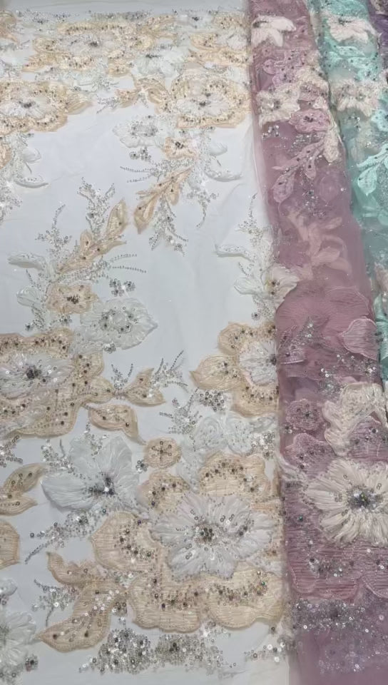 3D Floral Sequined Beaded Border Lace Fabric Embroidered Tulle Lace Fabric Large Floral for Wedding Dresses Bridal Gowns BLS6575#