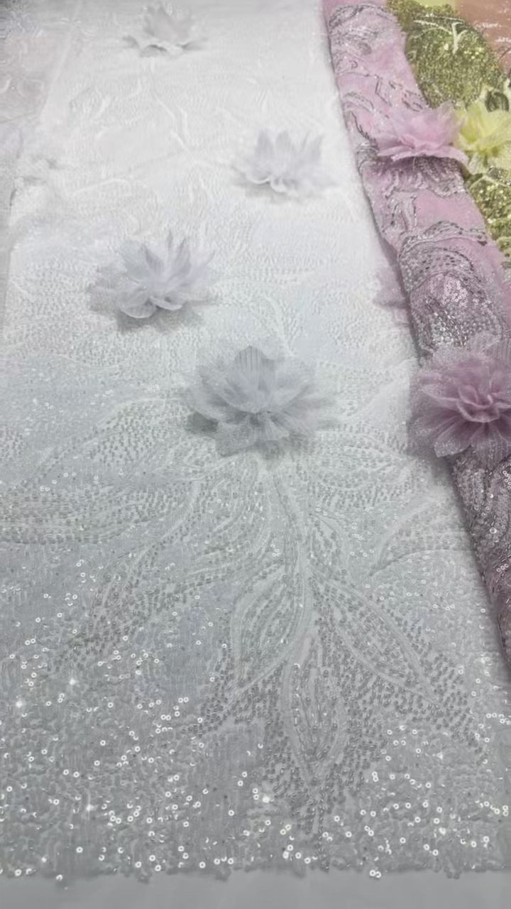 BLS6573#	3D Floral Sequined Beaded Embroidered Tulle Lace Fabric Large Floral Leaf Vine for Wedding Dresses Evening Gowns
