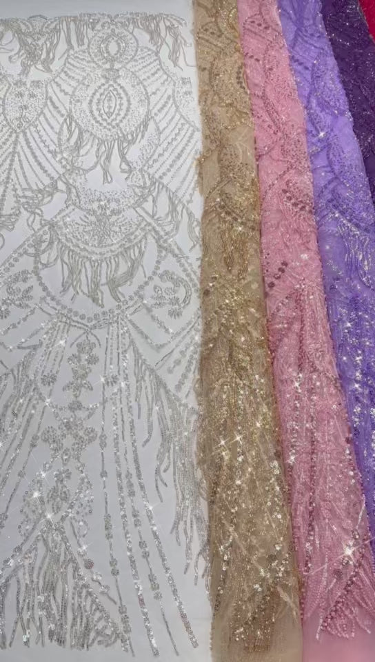 BLS6661#	Heavy Beaded Sequined Border Lace Fabric Geometric Tulle Lace Fabric for Wedding Dresses Evening Gowns