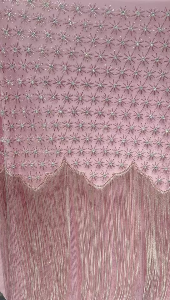 BLS6576#	Sequined Beaded Embroidered Border Tulle Lace Fabric Geometric Scalloped Fringe Detail for Evening Gowns Party Dresses