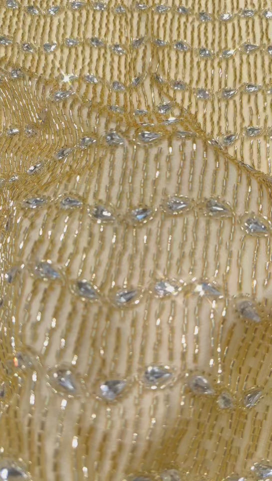 BLS6616#	Beaded Sequined Geometric Border Lace Fabric Scalloped Edge Embroidered Tulle Lace Fabric for Wedding Dresses