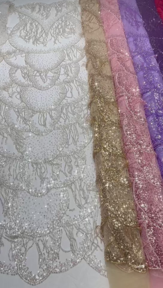 BLS6662#	Heavy Beaded Sequined Fringe Border Lace Fabric Geometric Tulle Lace Fabric for Wedding Evening Gowns