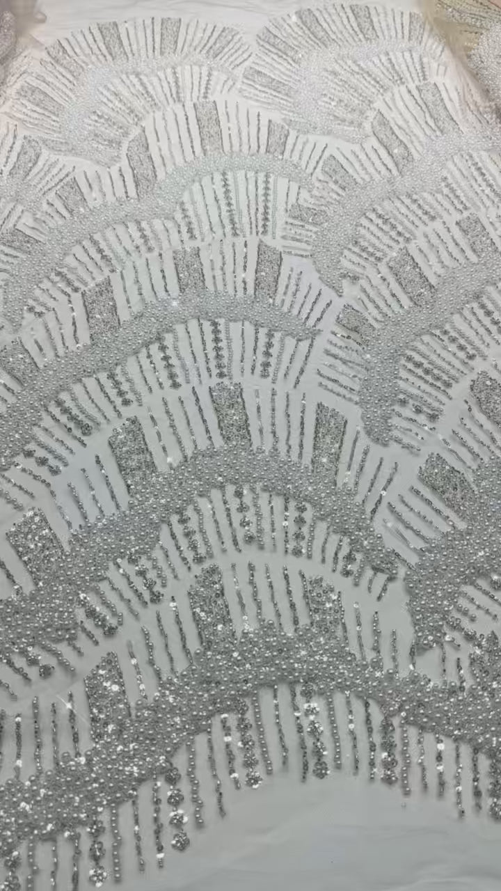 Heavy Pearl Beaded Sequined Embroidered Lace Fabric Geometric Wave Arc Pattern Navy Blue Tulle Lace for Evening Dresses BLS6552#