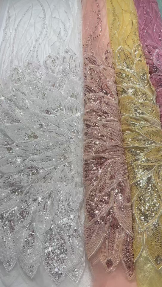 Heavy Beaded Feather Lace Fabric Gold Sequined Embroidered Allover Fabric for Evening Dress Bridal Gown BLS6550#