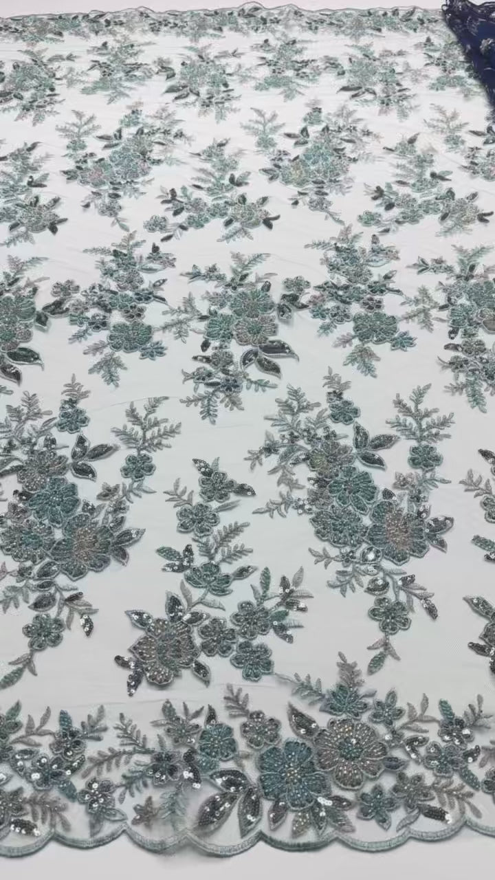 Sequined and Beaded Leaf Vine Border Mesh Lace Fabric with Scalloped Edge for Wedding Dresses and Bridal GownsBLS6543#