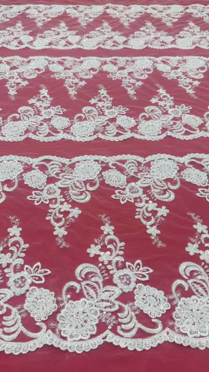 BLS6579#	Beaded Embroidered Border Lace Fabric Floral Sequined Tulle Lace with Scalloped Edge for Wedding Dresses