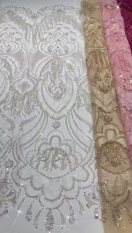 BLS6624#	Heavy Beaded Sequined Embroidered Botanical Tulle Lace Fabric for Wedding Dresses Bridal Gowns