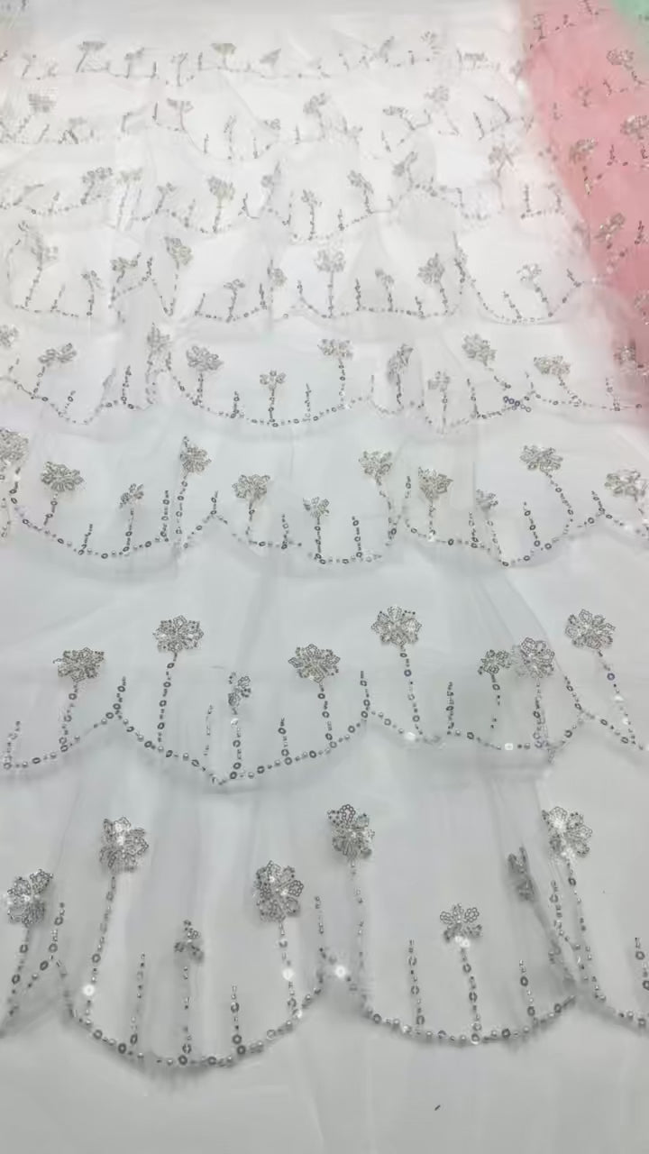 BLS6570#	Sequined Beaded Floral Tulle Lace Fabric with Scalloped Edge for Wedding Dresses Evening Gowns