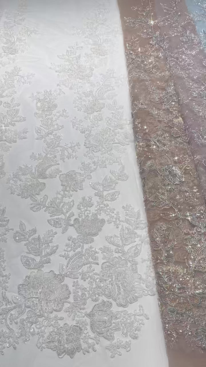Beaded Sequined Floral Embroidered Lace Fabric for Bridal Gowns Wedding Dress Decoration BLS6559#