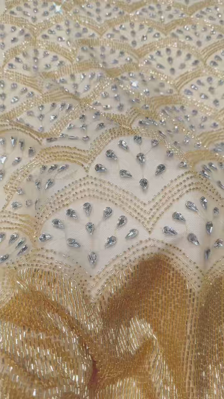 BLS6615#	Beaded Sequined Geometric Tulle Lace Fabric Scalloped Edge Embroidered Lace Fabric for Wedding Dresses