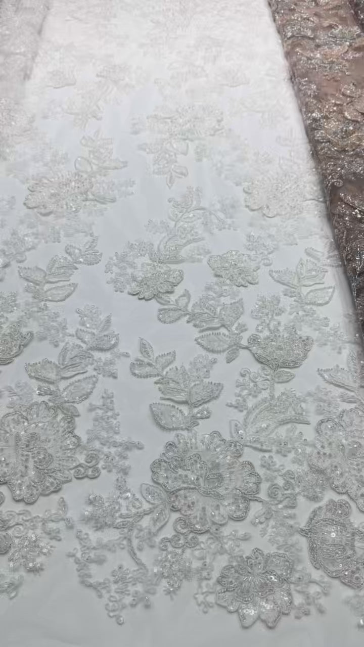 BLS6568#	Large Floral Beaded Embroidered Tulle Lace Fabric with Leaf Vine for Wedding Dresses and Evening Gowns