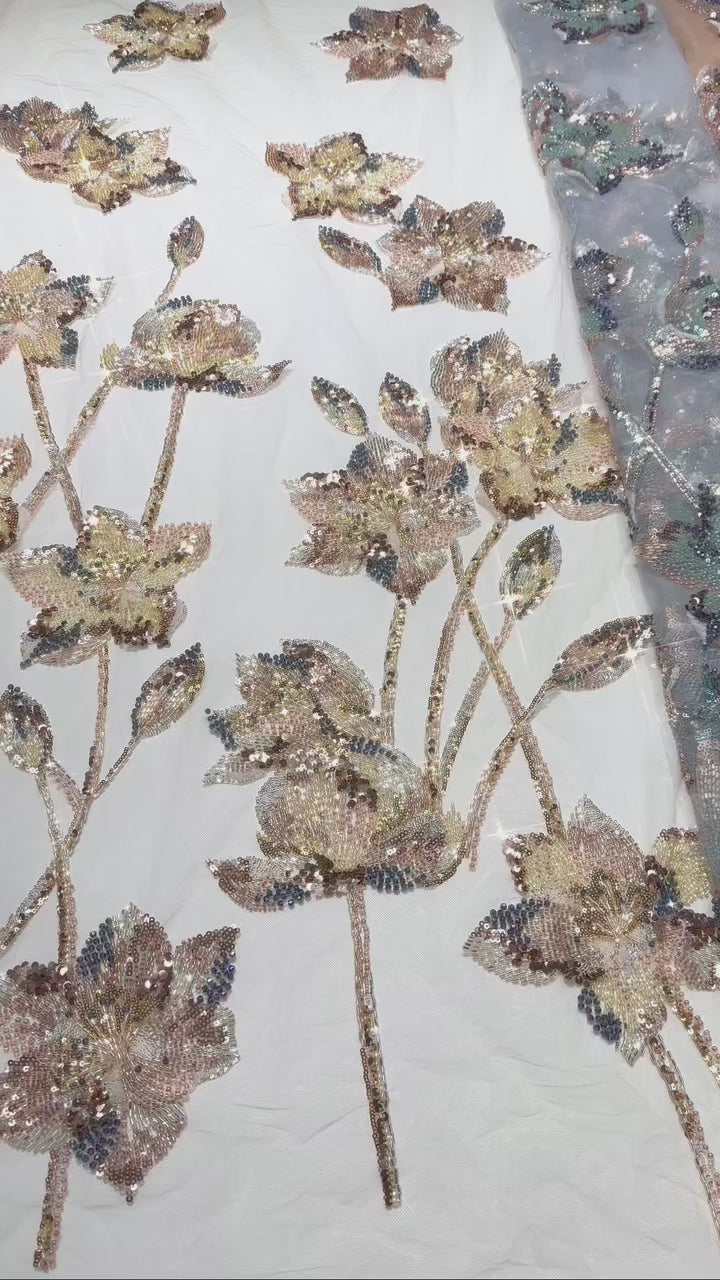 Sequined and Beaded Floral Embroidered Lace Fabric Leaf Vine Lace for Wedding Dresses Evening Gowns BLS6561#