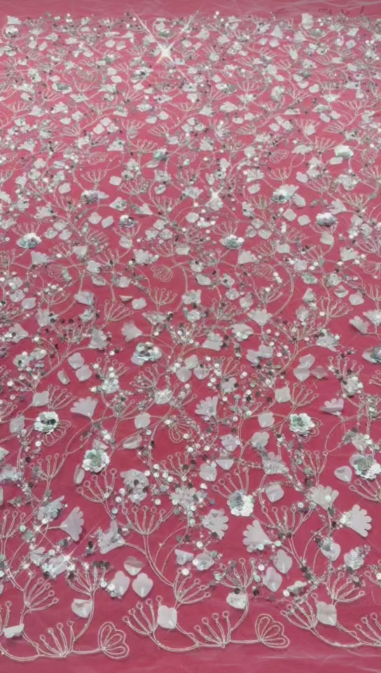 BLS6612#	Sequined Beaded Pearl Botanical Tulle Lace Fabric Embroidered Floral Allover Lace for Wedding Dresses Bridal Gowns