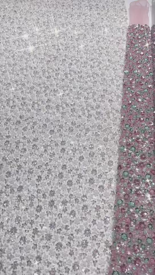 BLS6565#	Heavy Beaded Sequined Small Floral Lace Fabric Embroidered Tulle Lace for Wedding Dresses Bridal Gowns Evening Gowns
