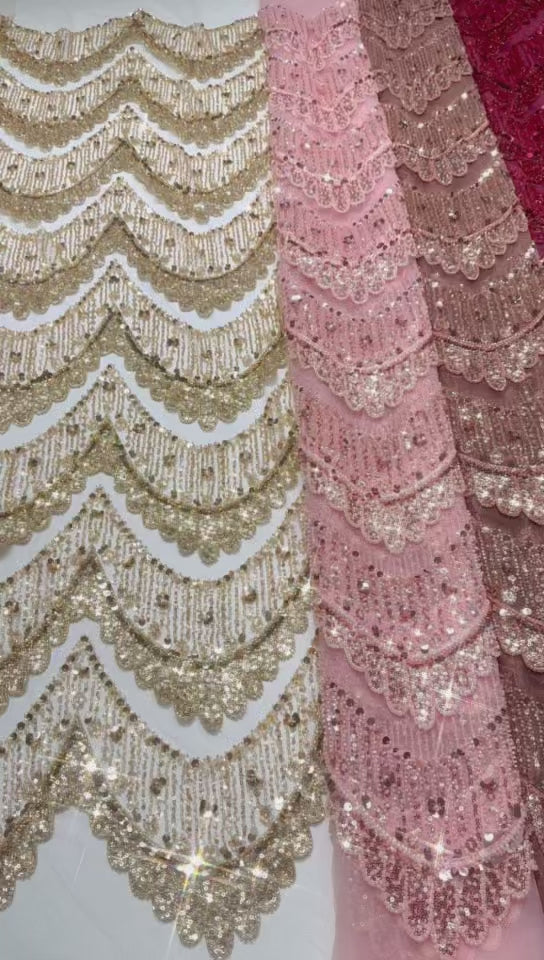 BLS6632#	Sequined Beaded Geometric Tulle Lace Fabric Embroidered Scalloped Edge Lace Fabric for Wedding Dresses Bridal Gowns