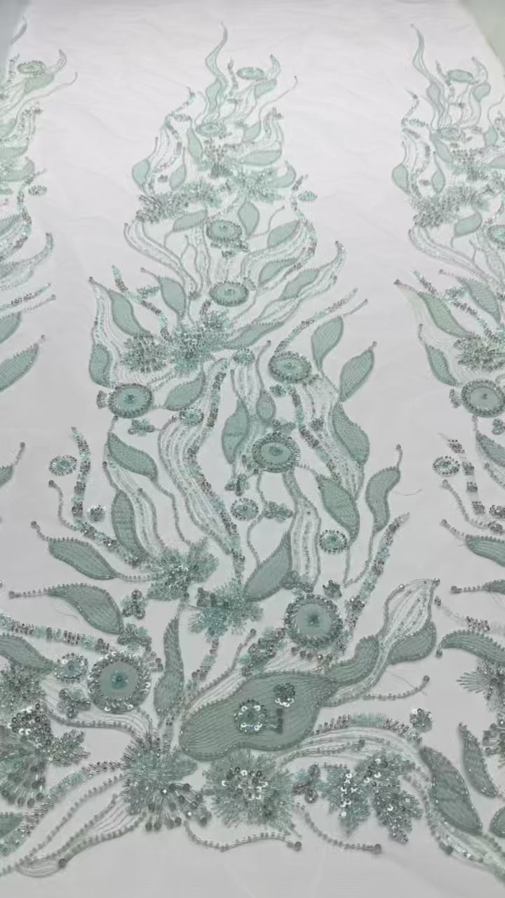 BLS6569#	Beaded Leaf Vine Tulle Lace Fabric Border Embroidered Lace Material for Wedding Dresses Bridal Gowns Evening Gowns