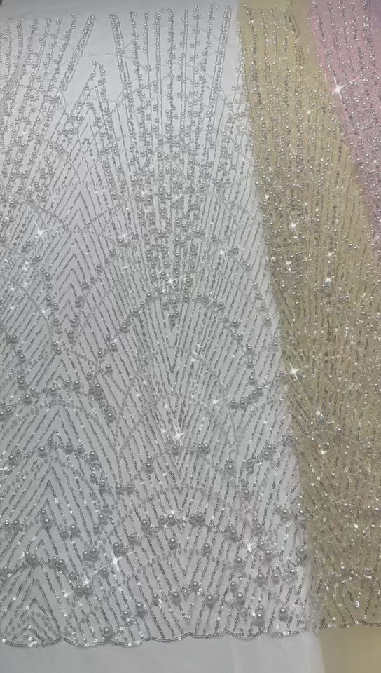 BLS6617#	Pearl Beaded Sequined Geometric Tulle Lace Fabric Embroidered Allover Lace Fabric for Wedding Dresses
