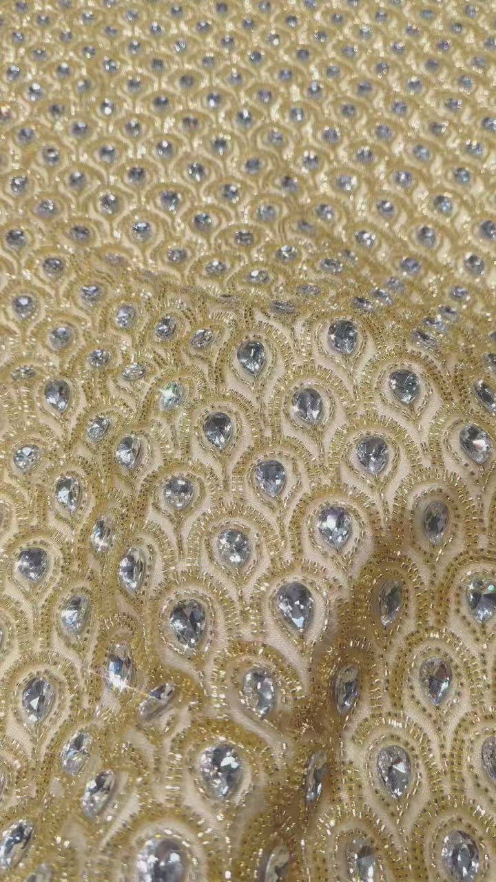 BLS6614#	Heavy Beaded Geometric Border Lace Fabric Scalloped Edge Tulle Lace Fabric for Wedding Dresses Evening Gowns