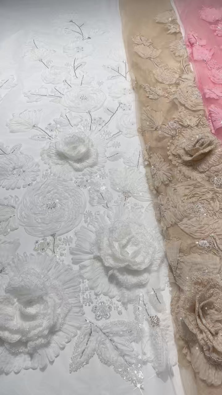 3D Ruffle Flower Sequined Beaded Floral Mesh Lace Fabric For Wedding Bridal Evening Gowns BLS6546#