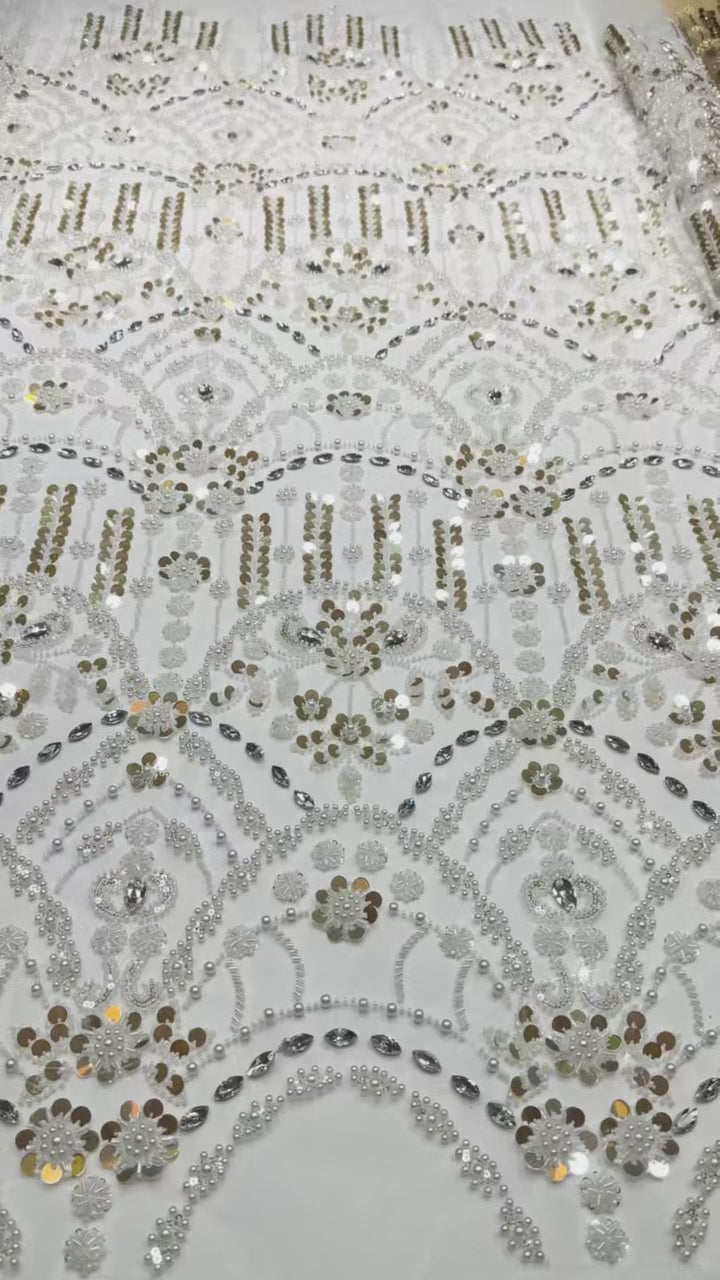 Heavy Sequined and Beaded Lace Fabric Pearl Beaded Floral Rhinestone Embroidered Tulle Lace for Evening Bridal Dresses BLS6556#