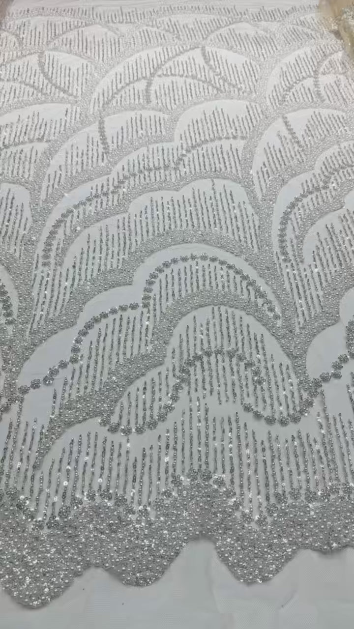 Sequined and Beaded Lace Fabric Pearl Beaded Wave Pattern Scalloped Edge Embroidered Tulle Lace for Evening Bridal Dresses BLS6555#
