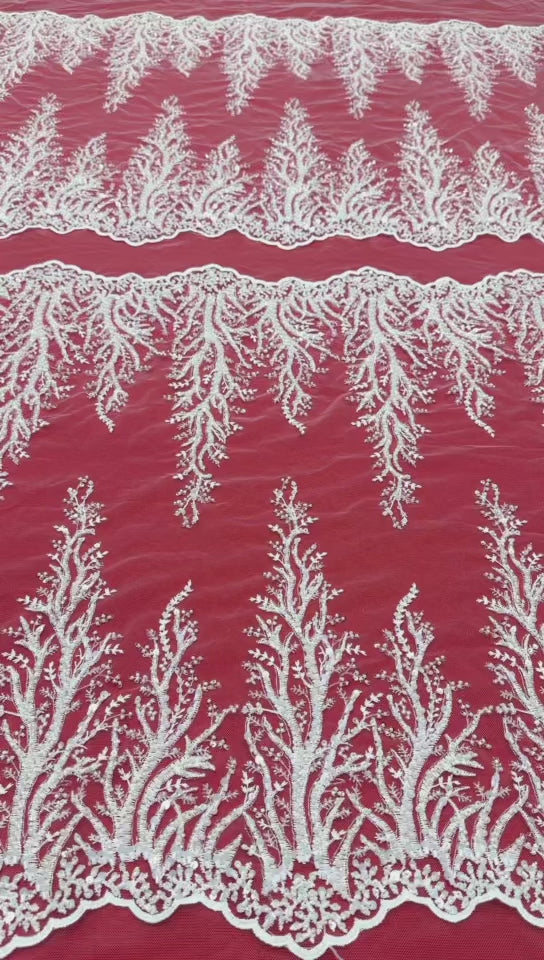 BLS6580#	Border Beaded Lace Fabric Leaf Vine Embroidered Tulle Lace with Sequined Scalloped Edge for Wedding Dresses