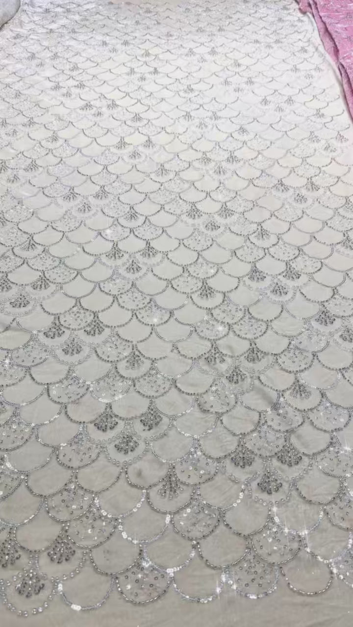 SBLS6588#	Sequined Beaded Geometric Lace Fabric Scalloped Edge Embroidered Lace Fabric for Wedding Dresses Bridal Gowns