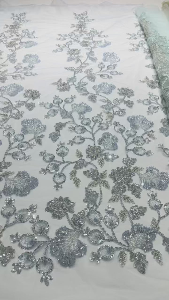 BLS6623#	Beaded Sequined Leaf Vine Embroidered Tulle Lace Fabric Floral Border Lace Fabric for Wedding Dresses