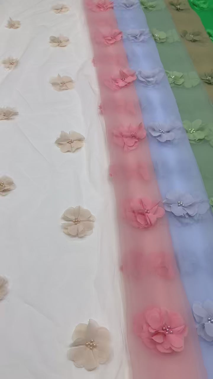 BLS6596#	3D Floral Beaded Embroidered Lace Fabric Small Flower Tulle Lace Fabric for Wedding Dresses Bridal Gowns