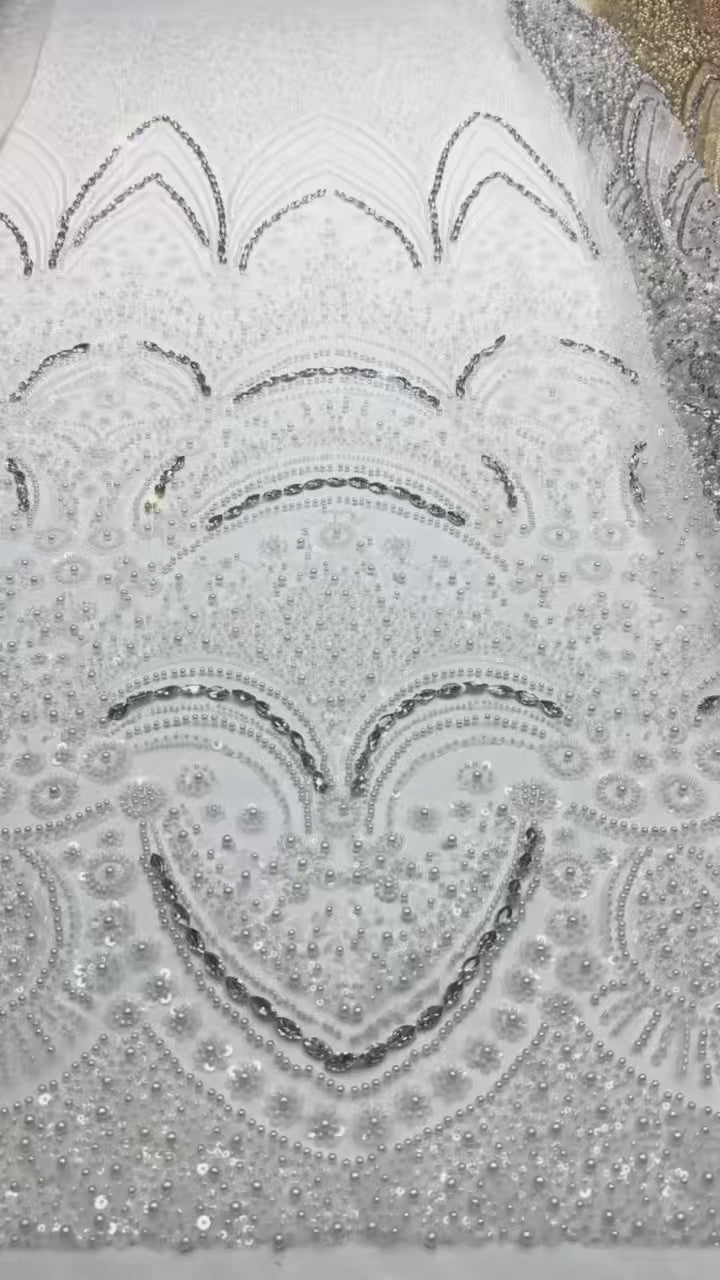 BLS6571#	Heavy Pearl Beaded Sequined Baroque Embroidered Tulle Lace Fabric for Wedding Dresses Evening Gowns