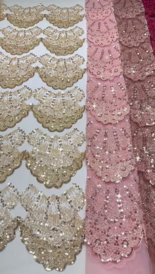BLS6633#	Sequined Beaded Border Lace Fabric Geometric Tulle Embroidered Scalloped Edge Lace Fabric for Wedding Dresses