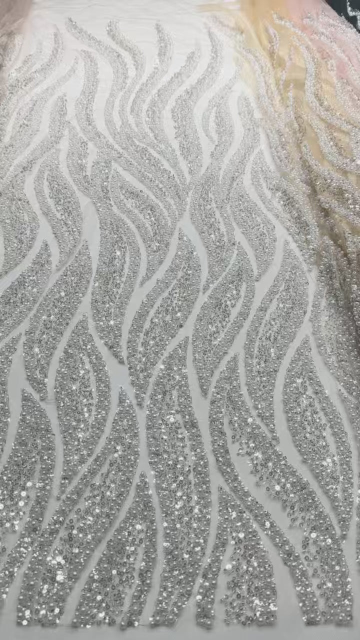 Heavy Beaded Lace Fabric Pearl Sequined Geometric Wave Design Allover Embroidered Lace Fabric for Evening Dresses BLS6549#