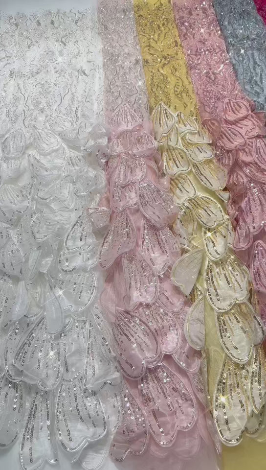 BLS6572#	3D Floral Heavy Beaded Lace Fabric with Sequined Border Scalloped Edge for Wedding Dresses Evening Gowns
