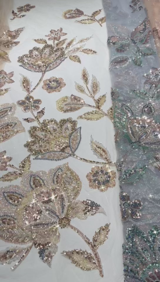 Sequined and Beaded Botanical Embroidered Lace Fabric for Wedding Dresses Evening Gowns BLS6560#