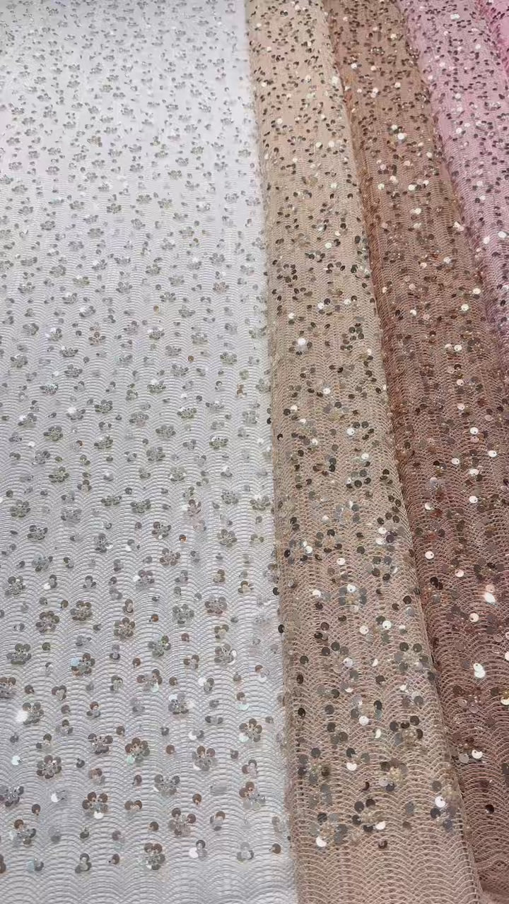 BLS6634#	High End Handmade Beaded Sequin Lace Fabric Gold Mesh Embroidery Lace For Wedding Bridal Evening Dress Apparel Fabric