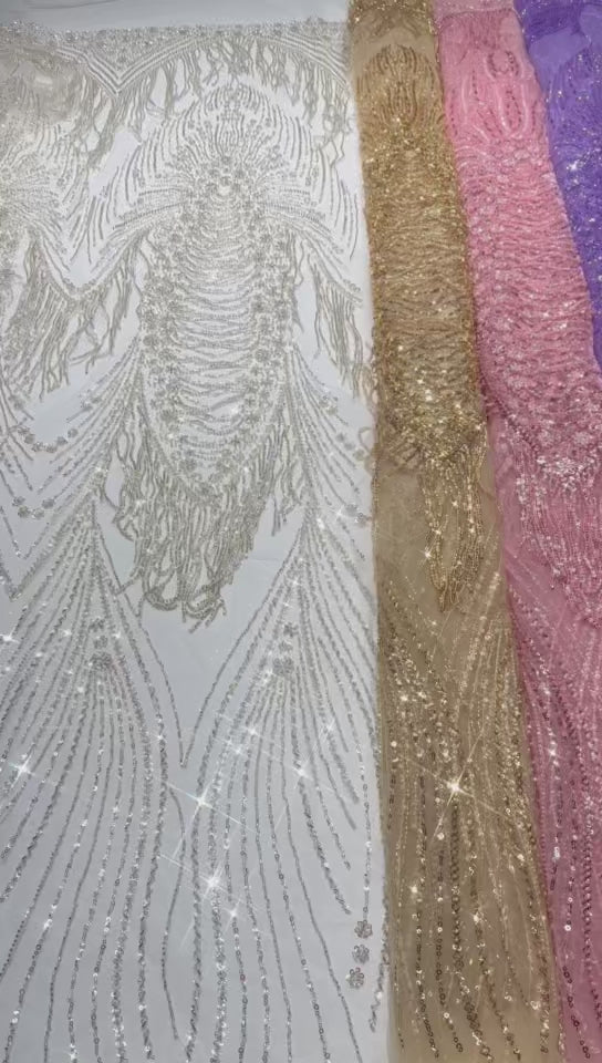 BLS6651#	Handmade Heavy Fringe Tassel Beaded Lace  Peacock Pattern Sequin Embroidery Net Fabric For Formal Party Dresses